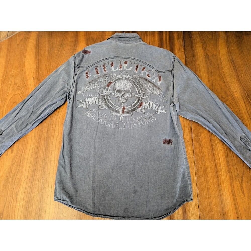 Affliction Premium Shirt Mens Blue XL Slim Button Motors Patch Embroidered Skull